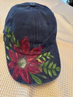 Hand-Painted Navy Baseball Cap with Deep Dark Red Flower Design Handpainted